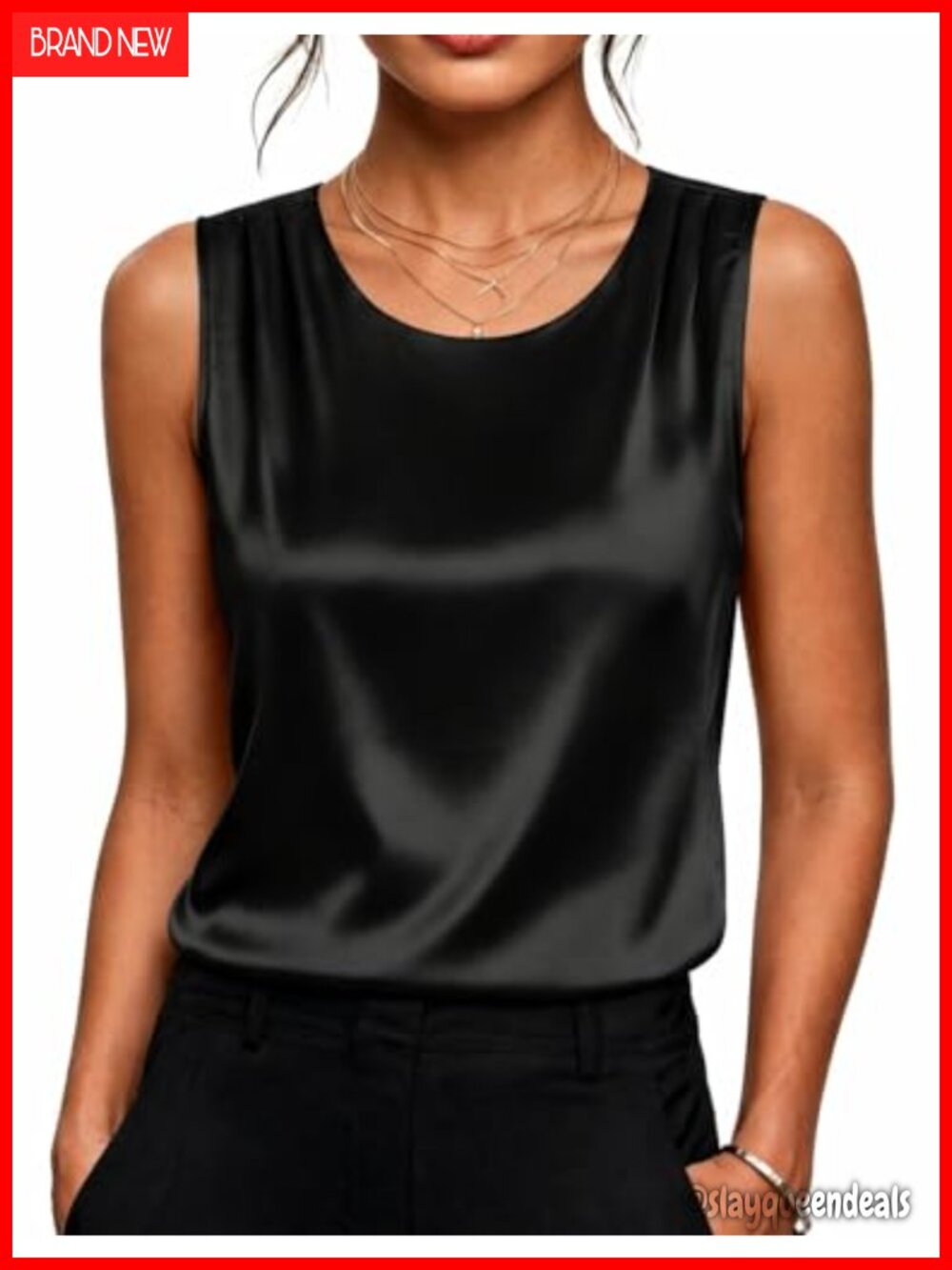 Womens Satin Tank Top Pleated Sleeveless Blouse Dressy Casual Top